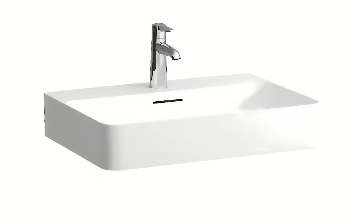 Bijeli keramički viseči umivalnik Laufen Val 60×42 cm s otvorom pro slavinu u sredini.