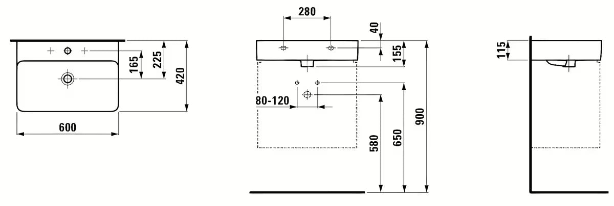 Bijeli keramički viseči umivalnik Laufen Val 60×42 cm s otvorom pro slavinu u sredini.