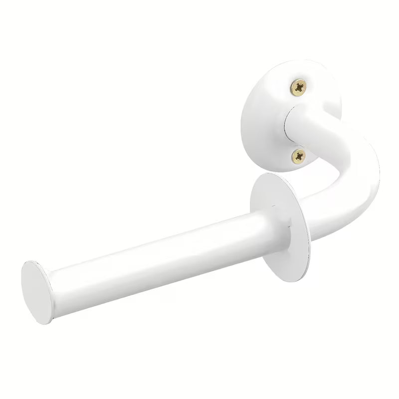 Bijeli stenski držalo za toaletni papir okruglog dizajna.