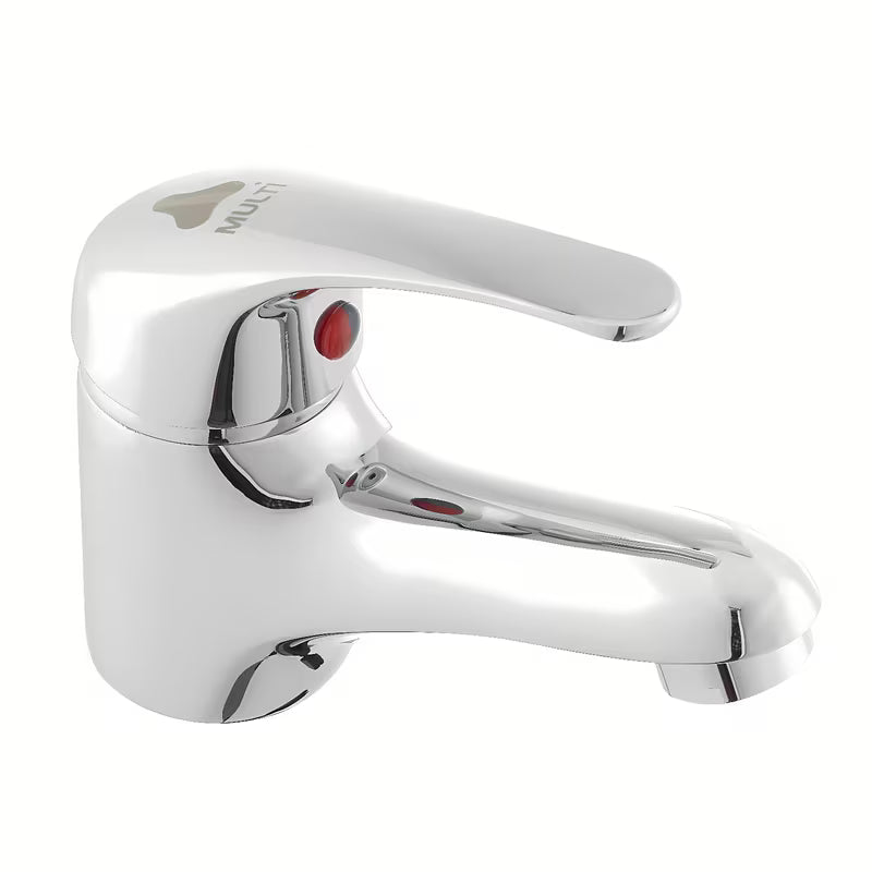 Kromirana enoročna stoječa armatura za umivalnik Multi brez odtoka zaobljenog dizajna.