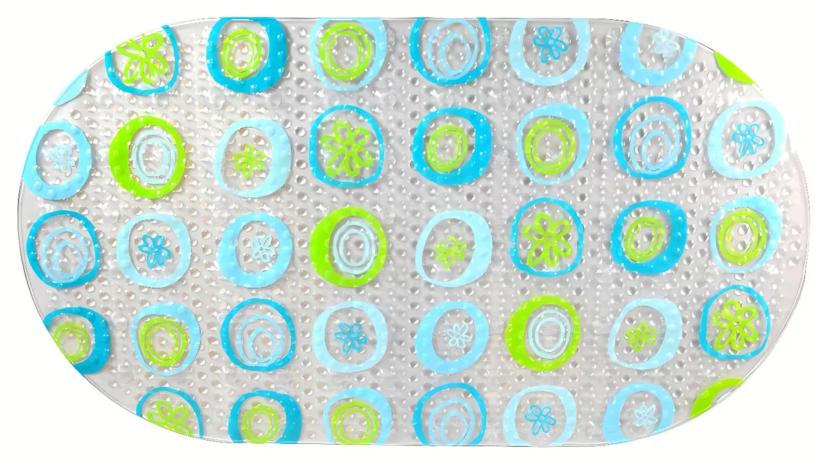 Protizdrsna podloga za kadi Multi u prozirnoj izvedbi s plavo-zelenim aplikacijama i vakuumskim čašicama.