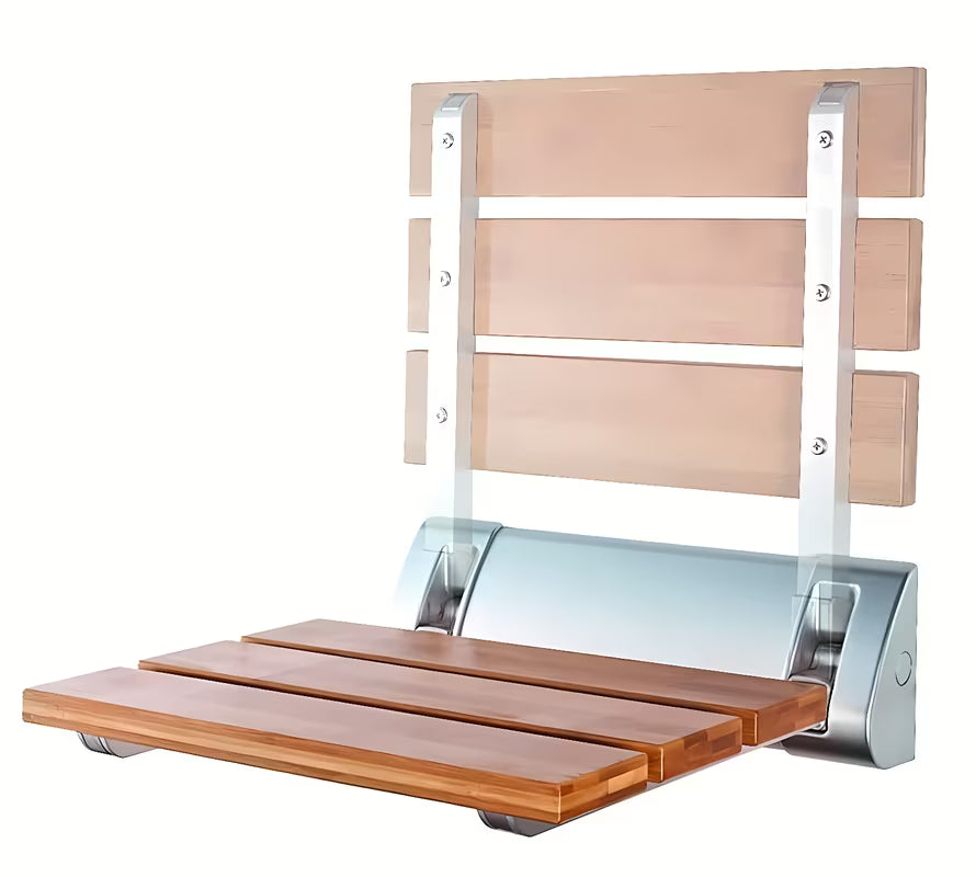 Zložljivo sedež za tuš Multi u smeđoj izvedbi od masivnog drva Bulletwood s zidnim nosačem.