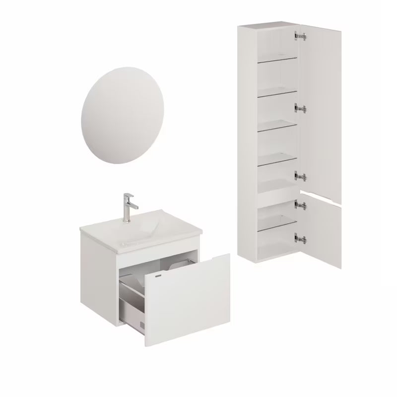 Koupalniški sestav Naturel Ancona u bijelom dekoru s keramičkim umivaonikom, slavinom i LED ogledalom