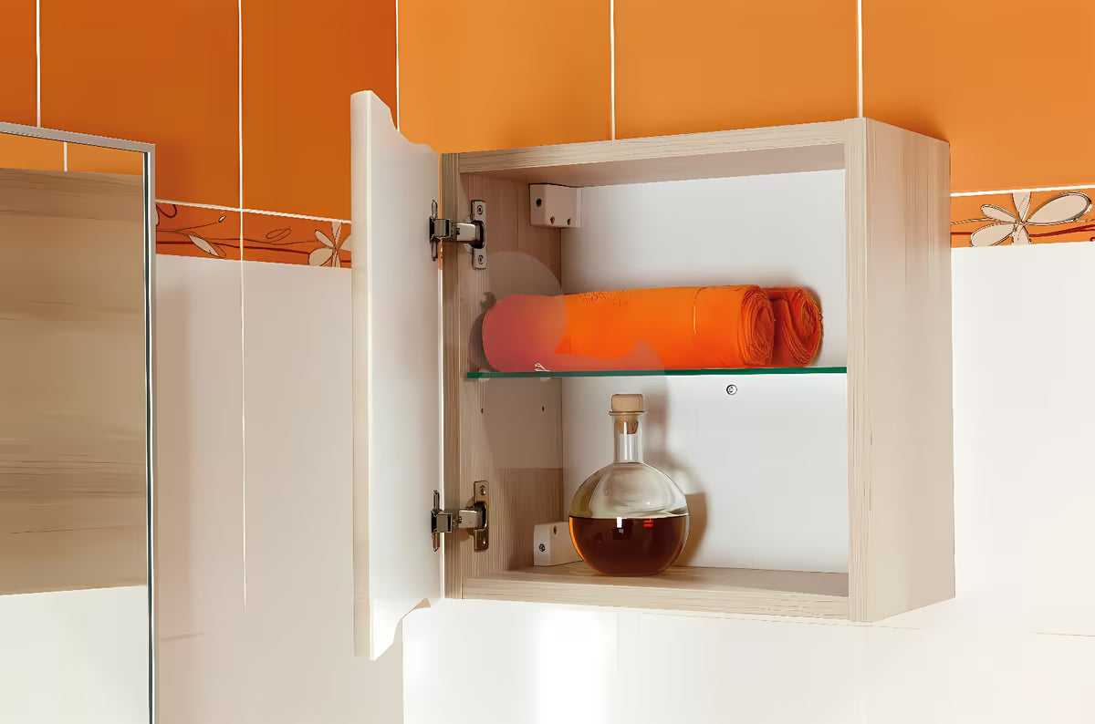 Viseča kopalniška omarica Naturel Ancona u dekoru akacije s univerzalnim vratima i staklenom policom.