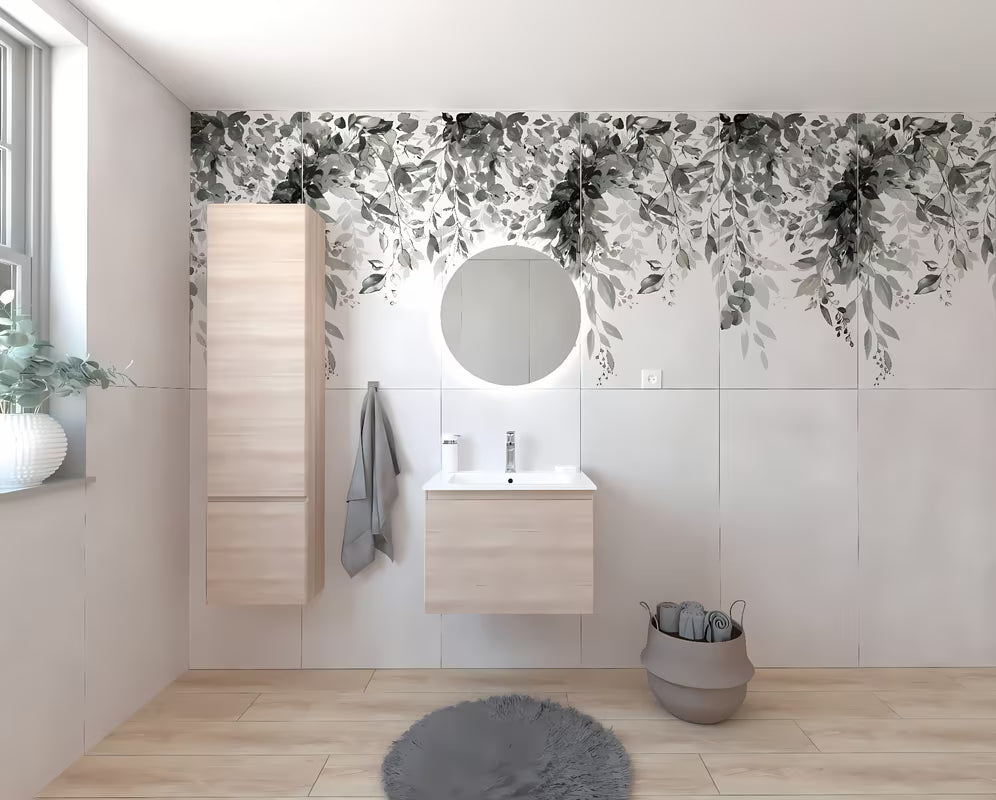 Koupalniški sestav Naturel Ancona v dekorju akacije z omarico, umivalnikom in LED ogledalom