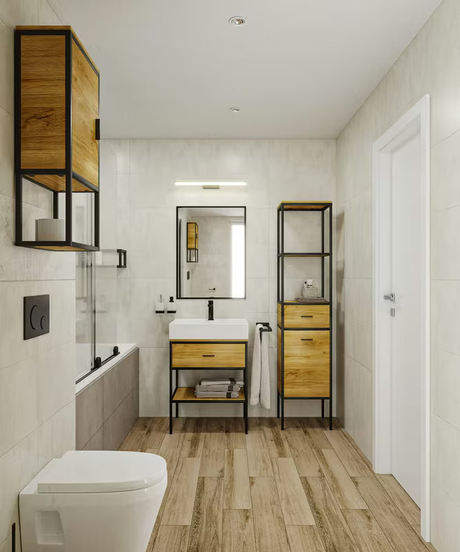 Stoječa regal Naturel Blackframe s crnim metalnim okvirom i MDF pločom u dekoru javora.