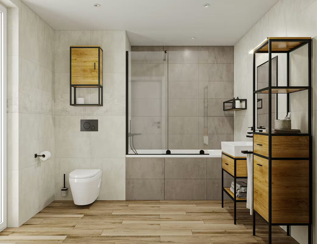 Stoječa regal Naturel Blackframe s crnim metalnim okvirom i MDF pločom u dekoru javora.