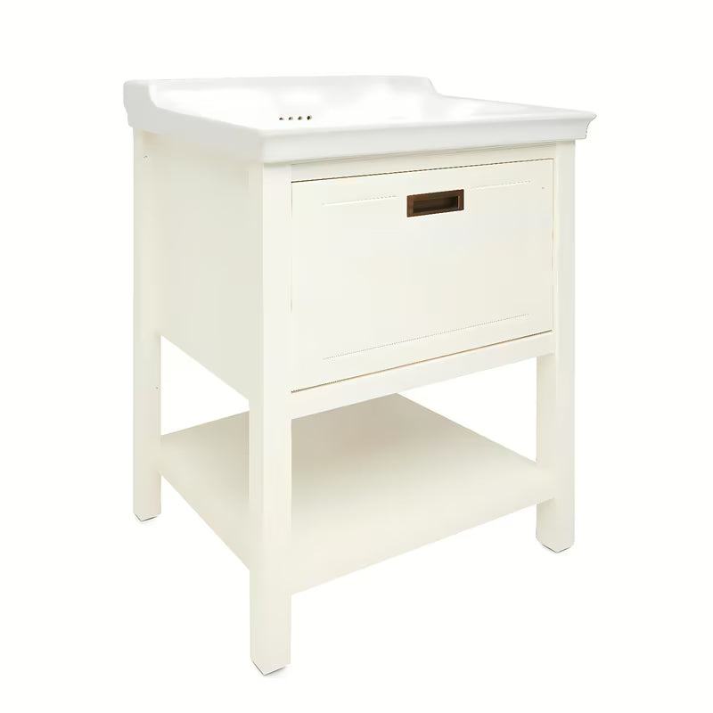 Bijeli stoječa ormarić Naturel Country s keramičkim umivaonikom od masivne borovine s četkanom površinom