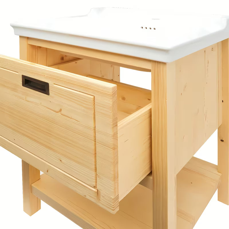 Smeđi stoječa ormarić s keramičkim umivaonikom Naturel Country od masivne borovine s četkanom površinom