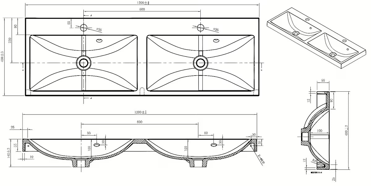 Bijeli za kopalniško pohištvo dvojni umivalnik Naturel Cube Way 120 x 40 cm od lijevanog mramora s dva otvora pro slavinu