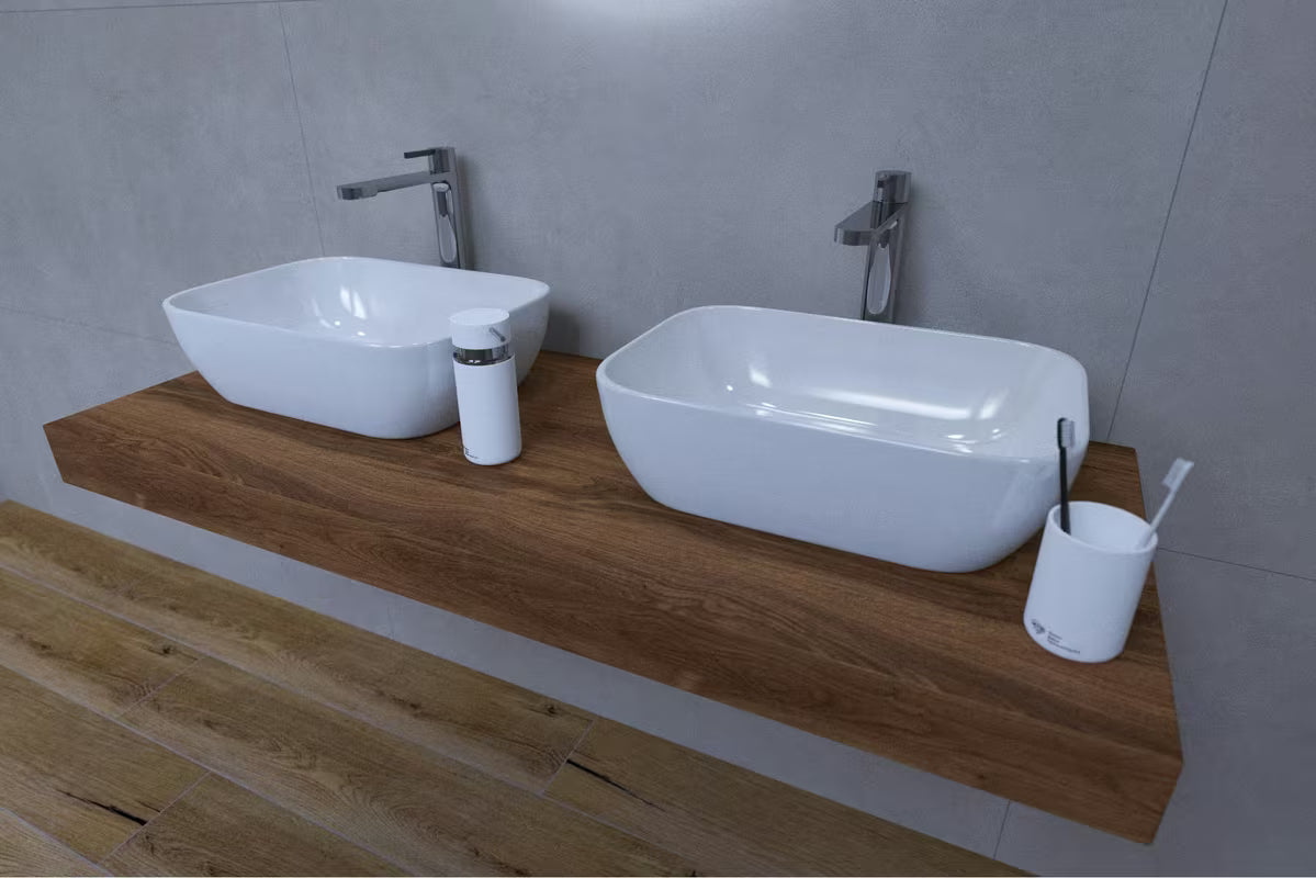 Koupalniški sestav Naturel Dolce s ploščo 120x50 cm v dekorju hrast charleston pro dva umivalniki na pult