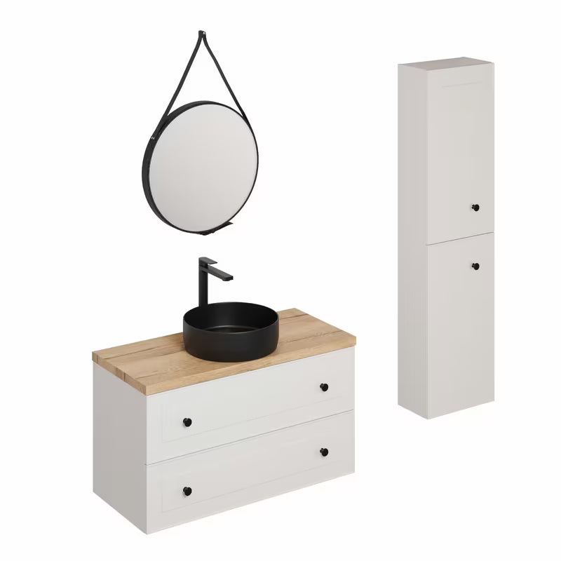 Koupalniški sestav Naturel Forli u bijeloj boji s crnim umivaonikom na pult i crnom mat slavinom