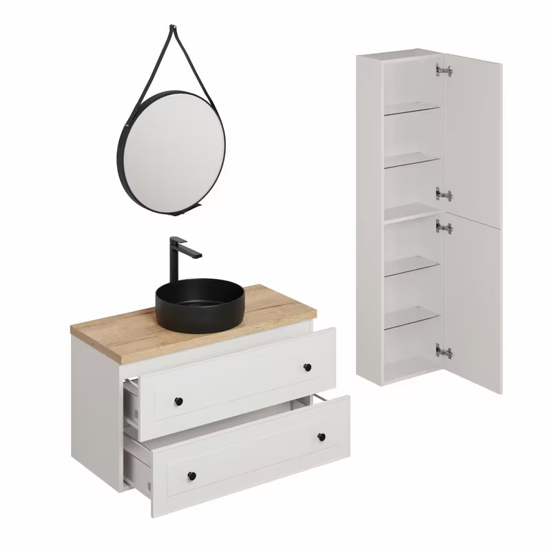 Koupalniški sestav Naturel Forli u bijeloj boji s crnim umivaonikom na pult i crnom mat slavinom