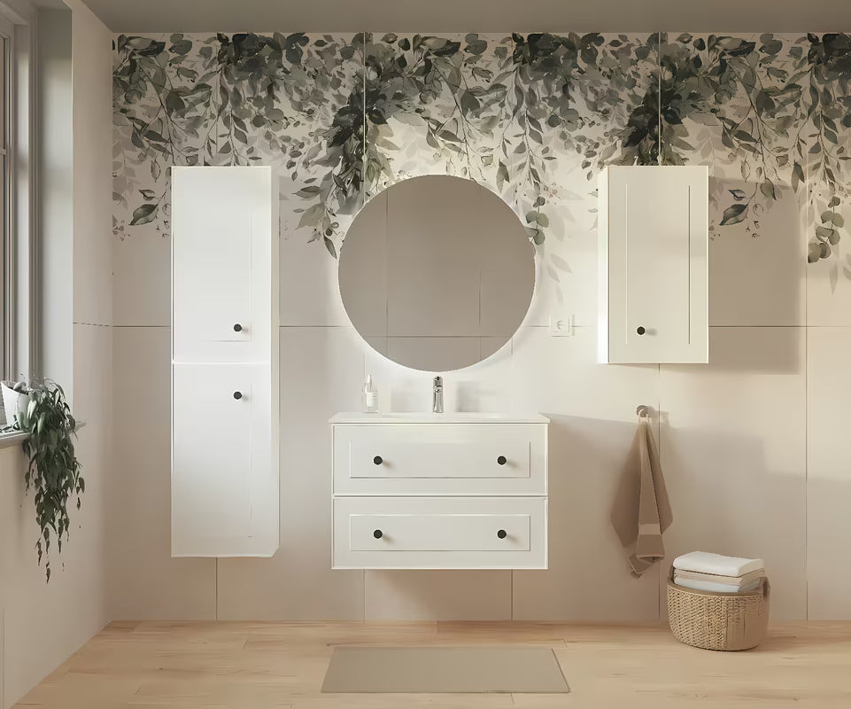 Bijela kopalniška omarica Naturel Forli s keramičkim umivaonikom u modernom, jednostavnom dizajnu