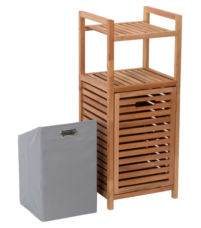 Stoječa koš za perilo Naturel Home v dekorju oreha z mat površino in odstranljivim sivim tekstilnim vložkom.