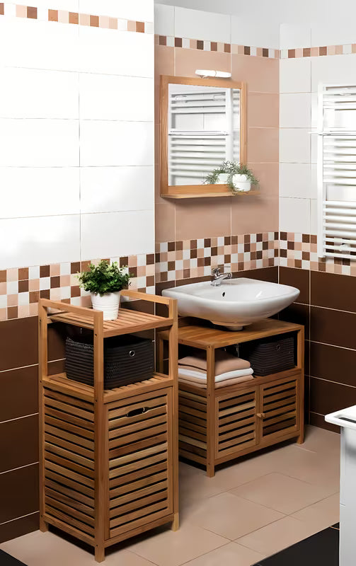 Stoječa koš za perilo Naturel Home v dekorju oreha z mat površino in odstranljivim sivim tekstilnim vložkom.