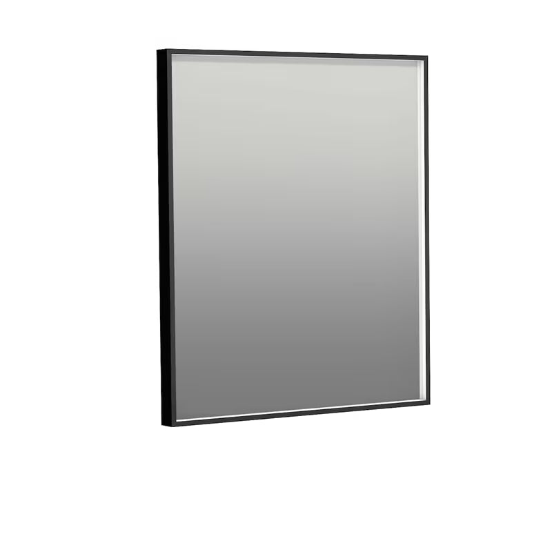 Pravokotno LED ogledalo Naturel Oxo 60x70 cm s črnim aluminijastim okvirjem in hladno belo svetlobo.