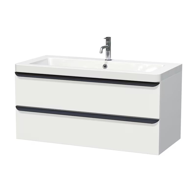 Viseča kopalniška omarica z umivalnikom Naturel Pavia v mat beli barvi s črnim mat ročajem.