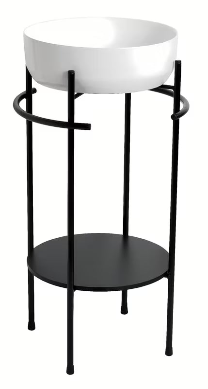 Crna metalna konstrukcija Naturel Round pod umivalnik s donjom policom i bočnim držačima, uključujući bijeli okrugli umivalniki.