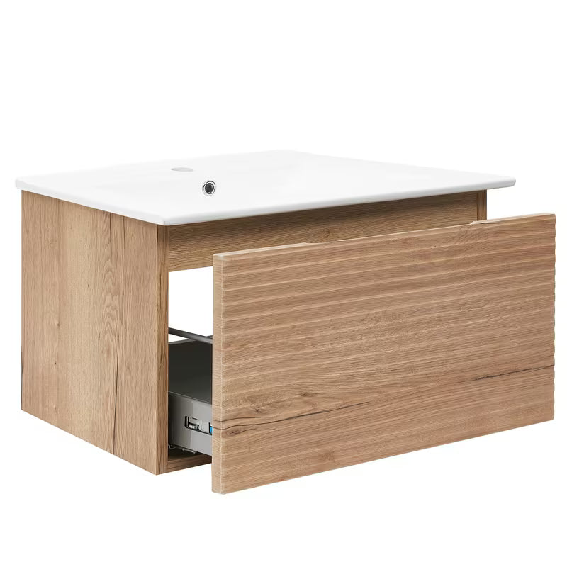 Viseča kopalniška omarica Naturel Savona s keramičkim umivaonikom u dekoru hrasta halifax mat