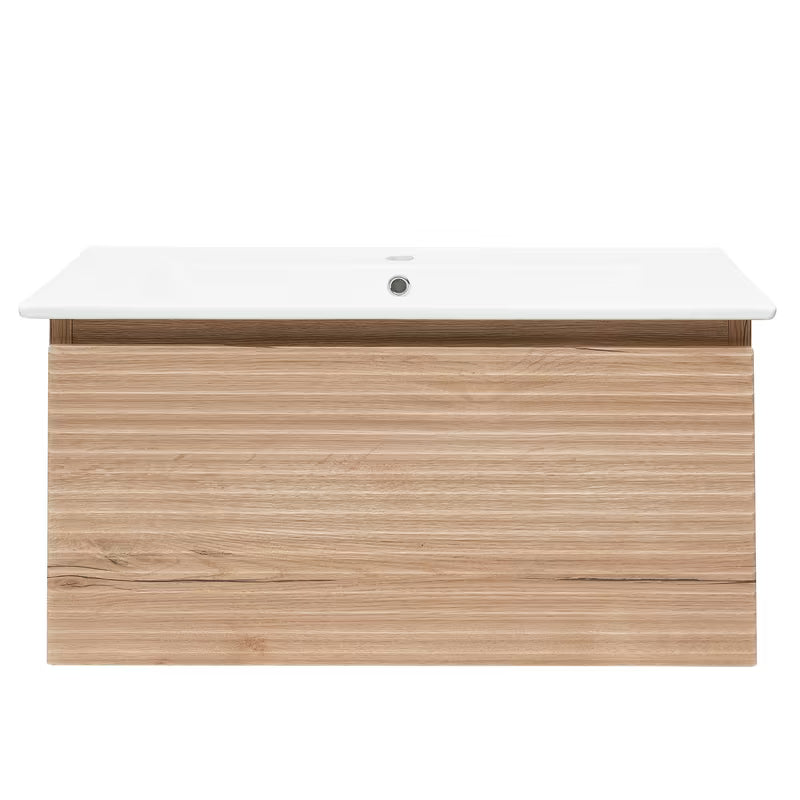 Viseča kopalniška omarica Naturel Savona s keramičkim umivaonikom u dekoru hrasta halifax mat