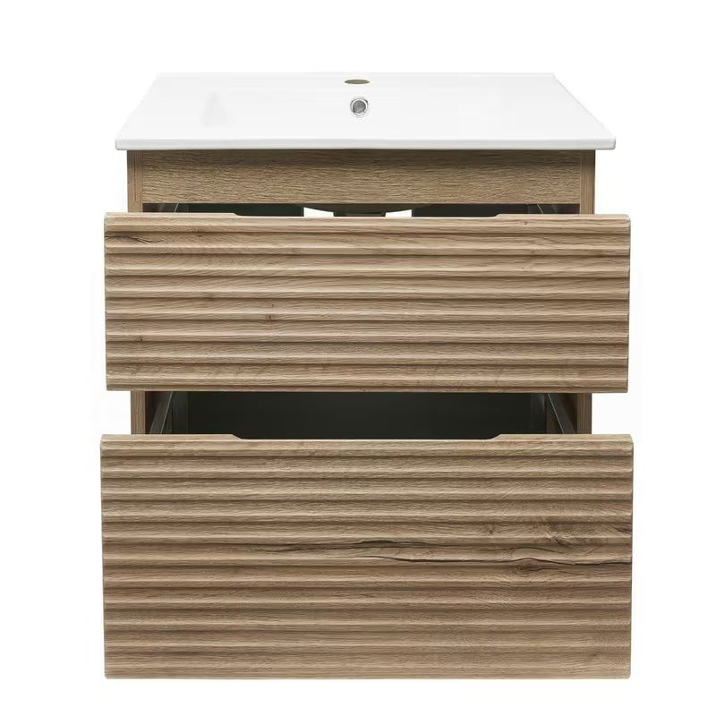 Viseča kopalniška omarica s keramičkim umivaonikom Naturel Savona u dekoru hrasta halifax mat