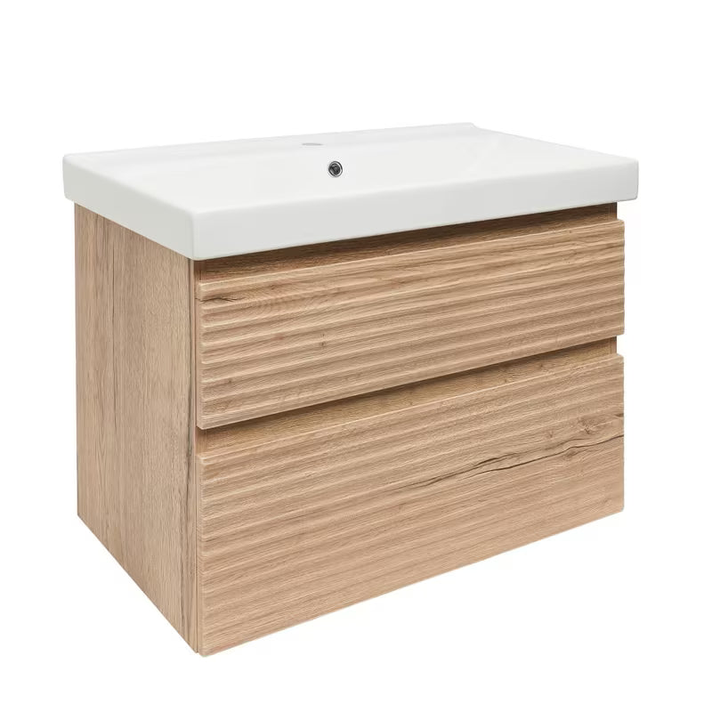 Viseča kopalniška omarica Naturel Savona s keramičkim umivaonikom u dekoru hrasta halifax mat