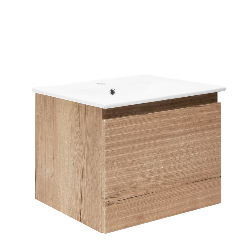 Viseča kopalniška omarica s keramičkim umivaonikom Naturel Savona u dekoru hrasta halifax mat