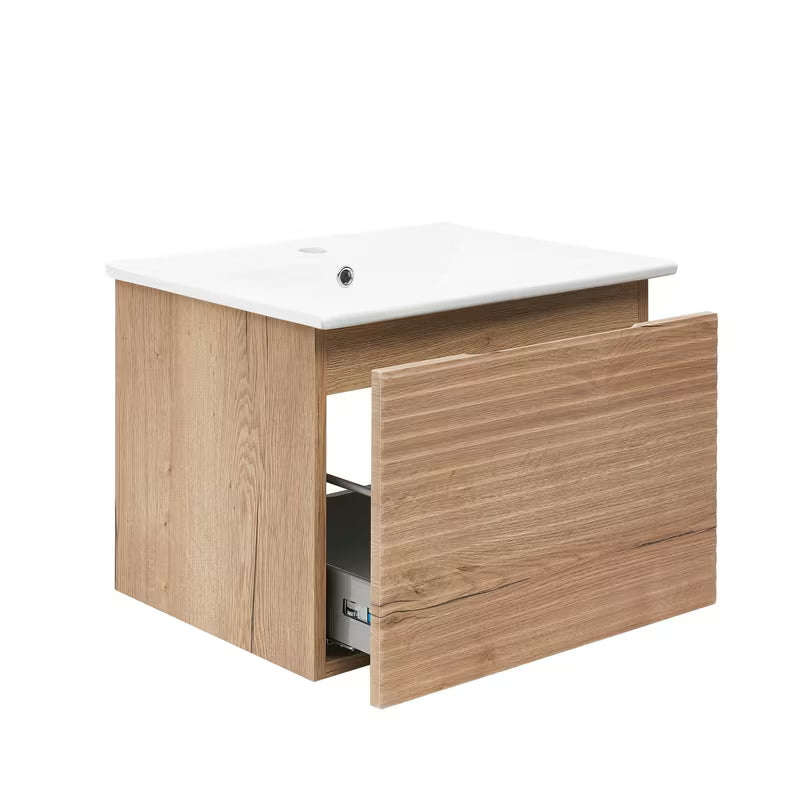 Viseča kopalniška omarica s keramičkim umivaonikom Naturel Savona u dekoru hrasta halifax mat