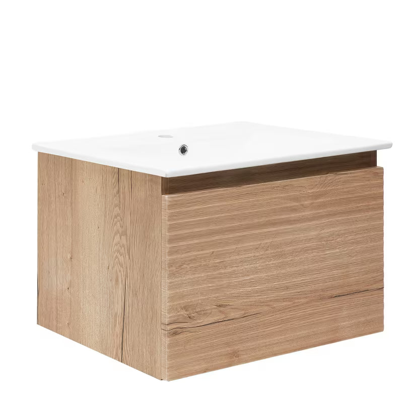 Viseča kopalniška omarica s keramičkim umivaonikom Naturel Savona u dekoru hrasta halifax mat