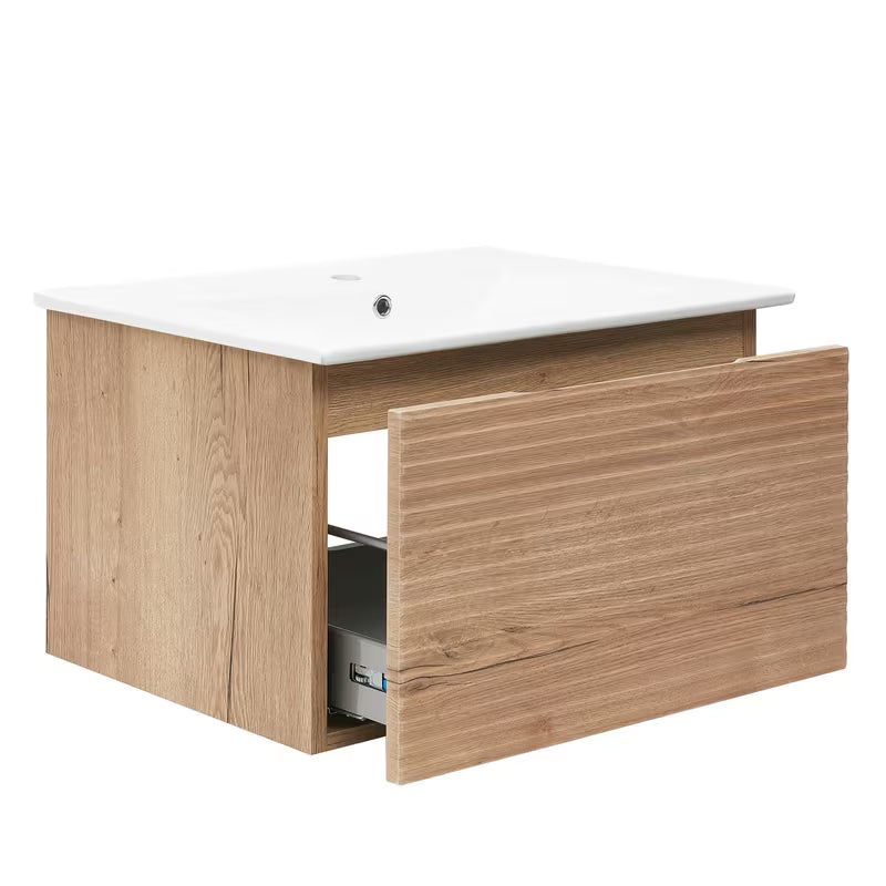 Viseča kopalniška omarica s keramičkim umivaonikom Naturel Savona u dekoru hrasta halifax mat