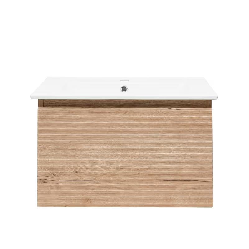 Viseča kopalniška omarica s keramičkim umivaonikom Naturel Savona u dekoru hrasta halifax mat