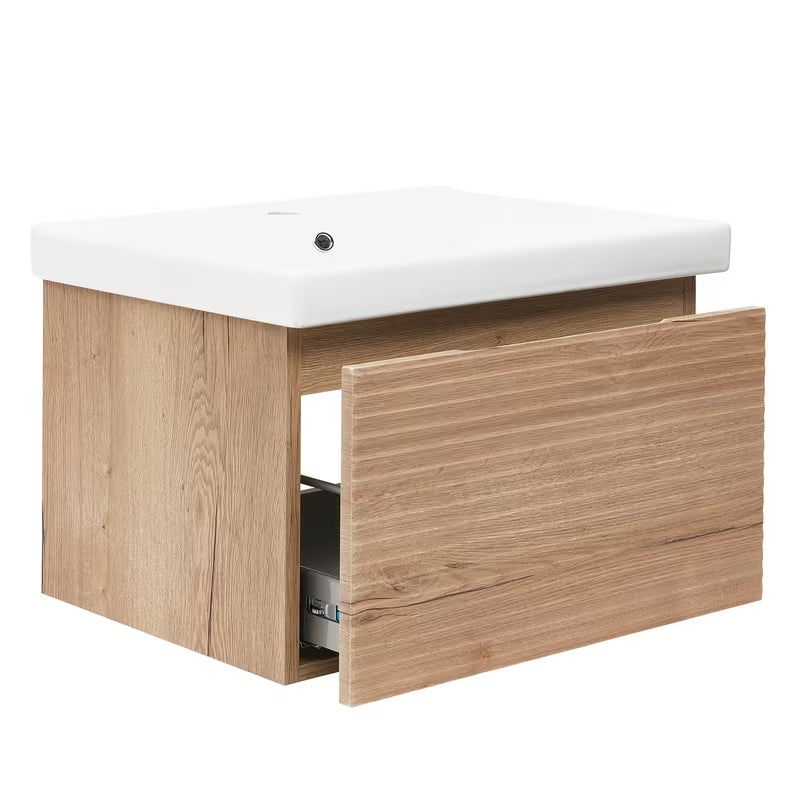 Viseča kopalniška omarica Naturel Savona s keramičkim umivaonikom u dekoru hrasta halifax mat