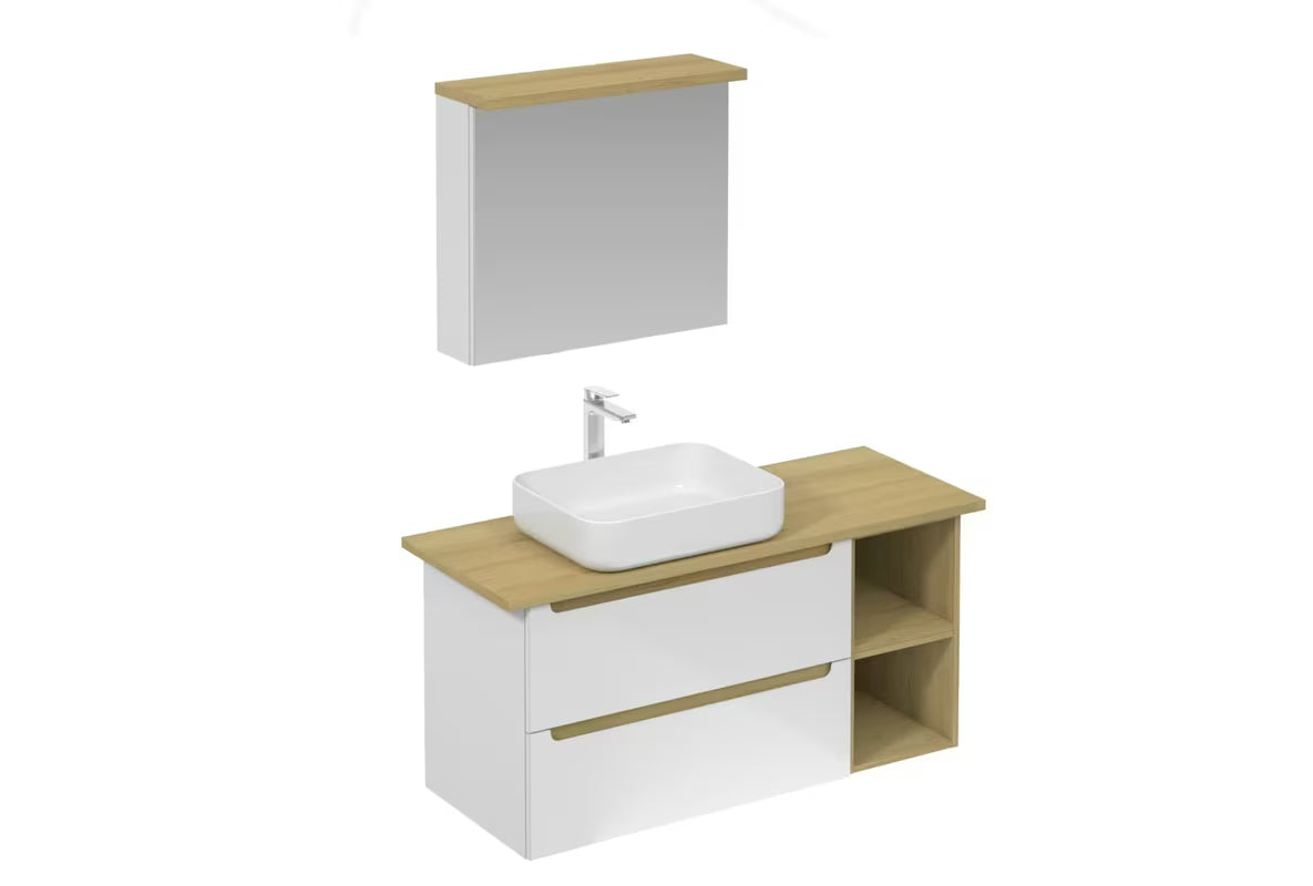 Koupalniški sestav Naturel Stilla u bijelom sjaju z umivalnikom na pult i elementima u dekoru bukve tartuf