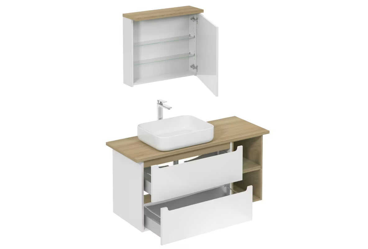 Koupalniški sestav Naturel Stilla u bijelom sjaju z umivalnikom na pult i elementima u dekoru bukve tartuf