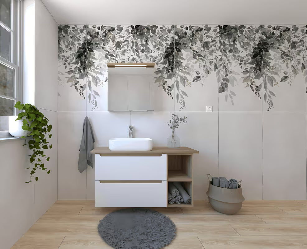 Koupalniški sestav Naturel Stilla u bijelom sjaju z umivalnikom na pult i elementima u dekoru bukve tartuf