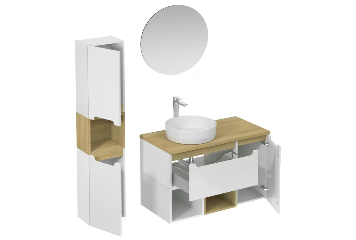 Koupalniški sestav Naturel Stilla u bijelom sjaju z umivalnikom na pult i elementima u boji bukve tartuf.