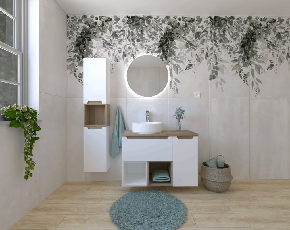 Koupalniški sestav Naturel Stilla u bijelom sjaju z umivalnikom na pult i elementima u boji bukve tartuf.