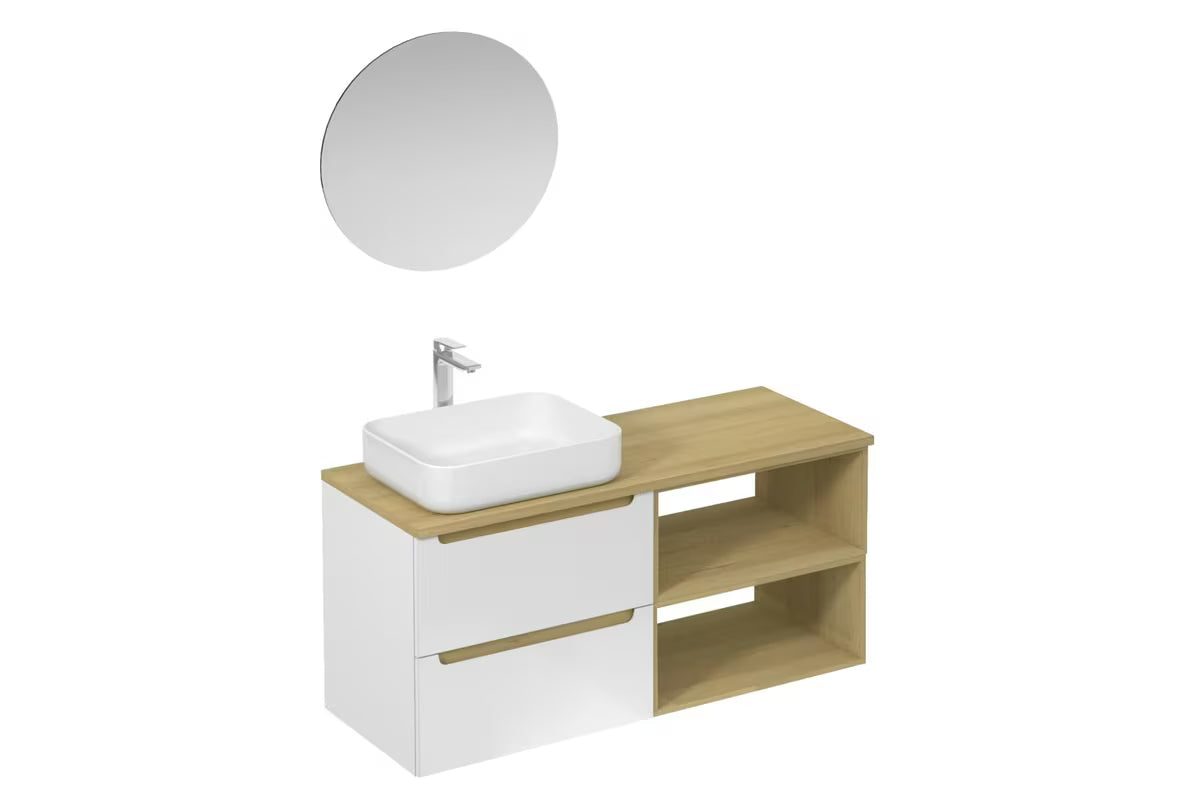 Koupalniški sestav Naturel Stilla u bijelom sjaju z umivalnikom na pult i elementima u dekoru bukve tartuf.