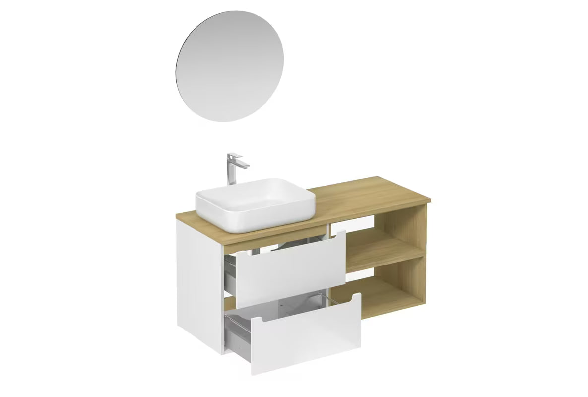 Koupalniški sestav Naturel Stilla u bijelom sjaju z umivalnikom na pult i elementima u dekoru bukve tartuf.