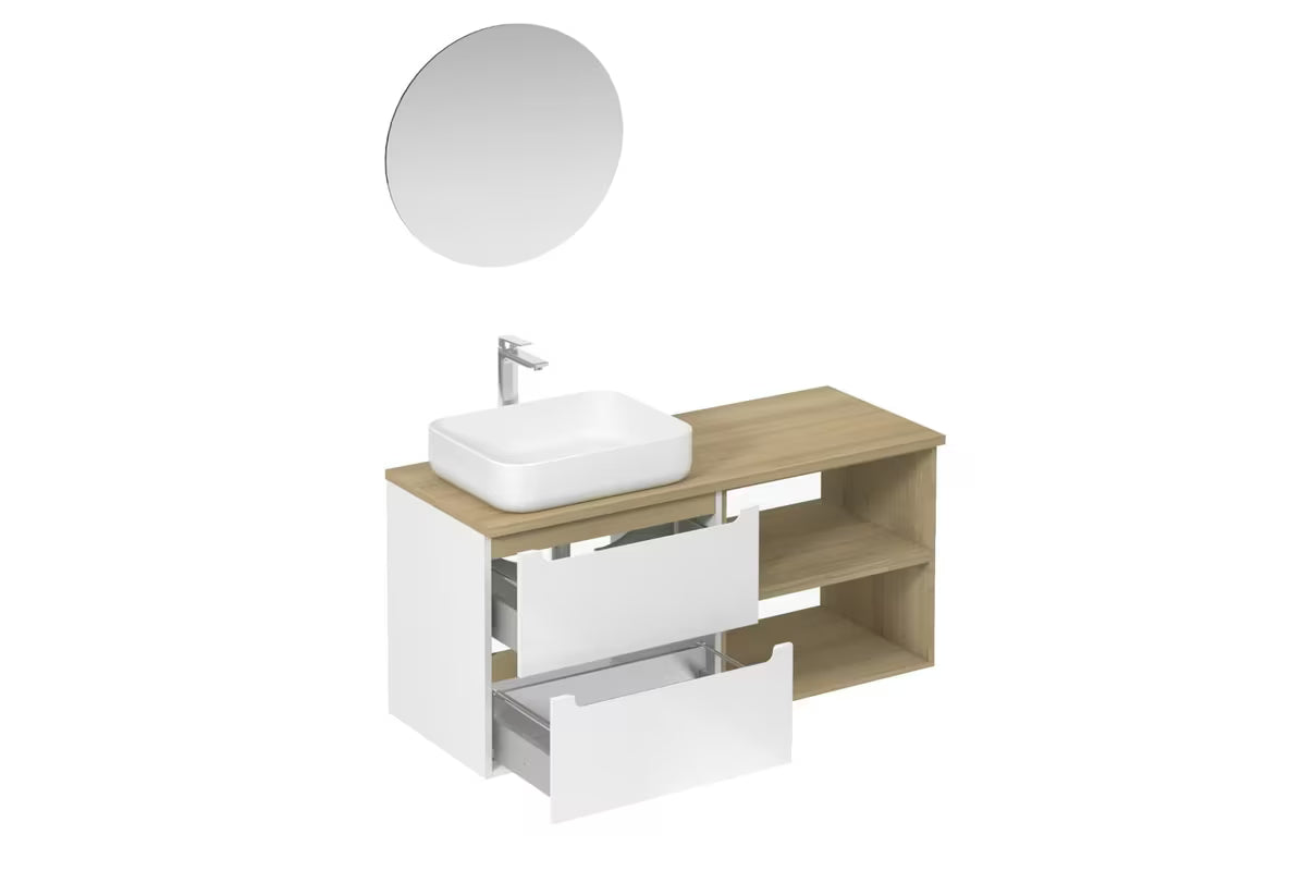 Koupalniški sestav Naturel Stilla u bijelom sjaju z umivalnikom na pult i elementima u dekoru bukve tartuf.