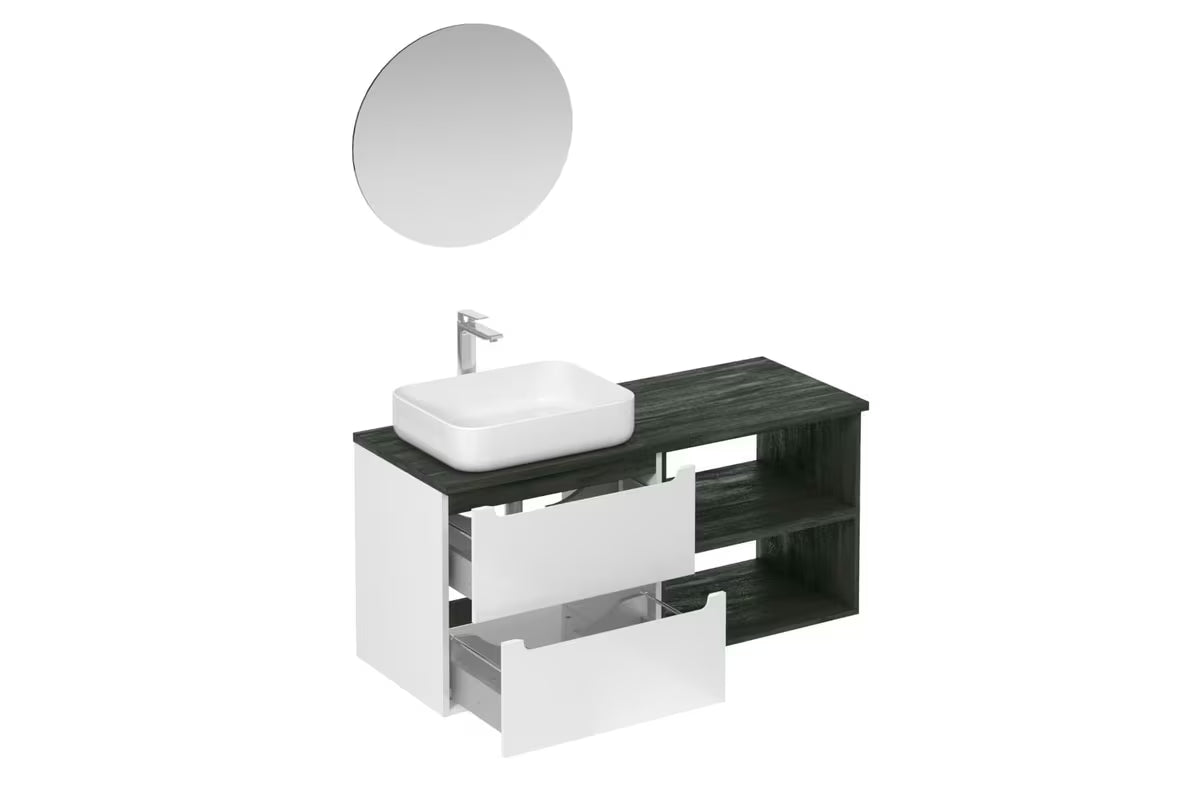 Koupalniški sestav Naturel Stilla u bijelom sjaju z umivalnikom na pult i elementima u dekoru crnog betona.