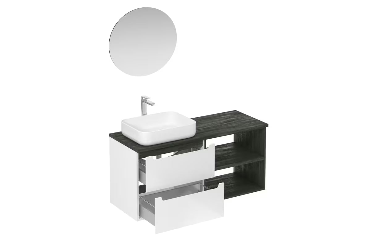 Koupalniški sestav Naturel Stilla u bijelom sjaju z umivalnikom na pult i elementima u dekoru crnog betona.