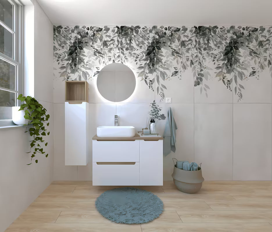 Koupalniški sestav Naturel Stilla u sjajno bijeloj boji z umivalnikom i elementima u dekoru tartuf bukve