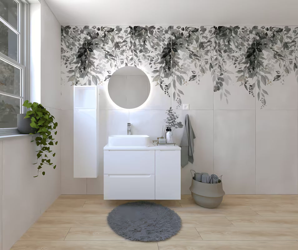 Koupalniški sestav Naturel Stilla u sjajno bijeloj boji z umivalnikom na pult i ogledalom z LED osvetlitvijo.