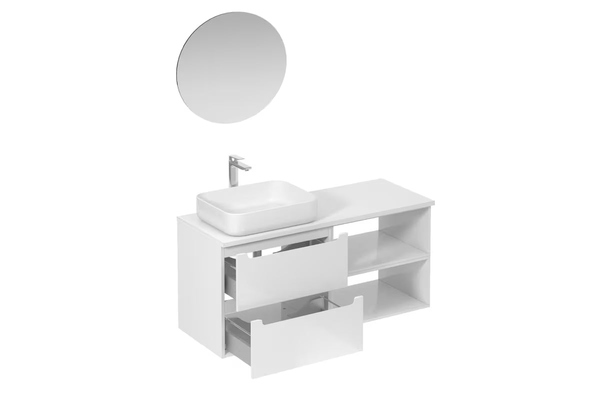 Bela koupalniški sestav Naturel Stilla v sijajni izvedbi z umivalnikom na pult in ogledalom z LED osvetlitvijo