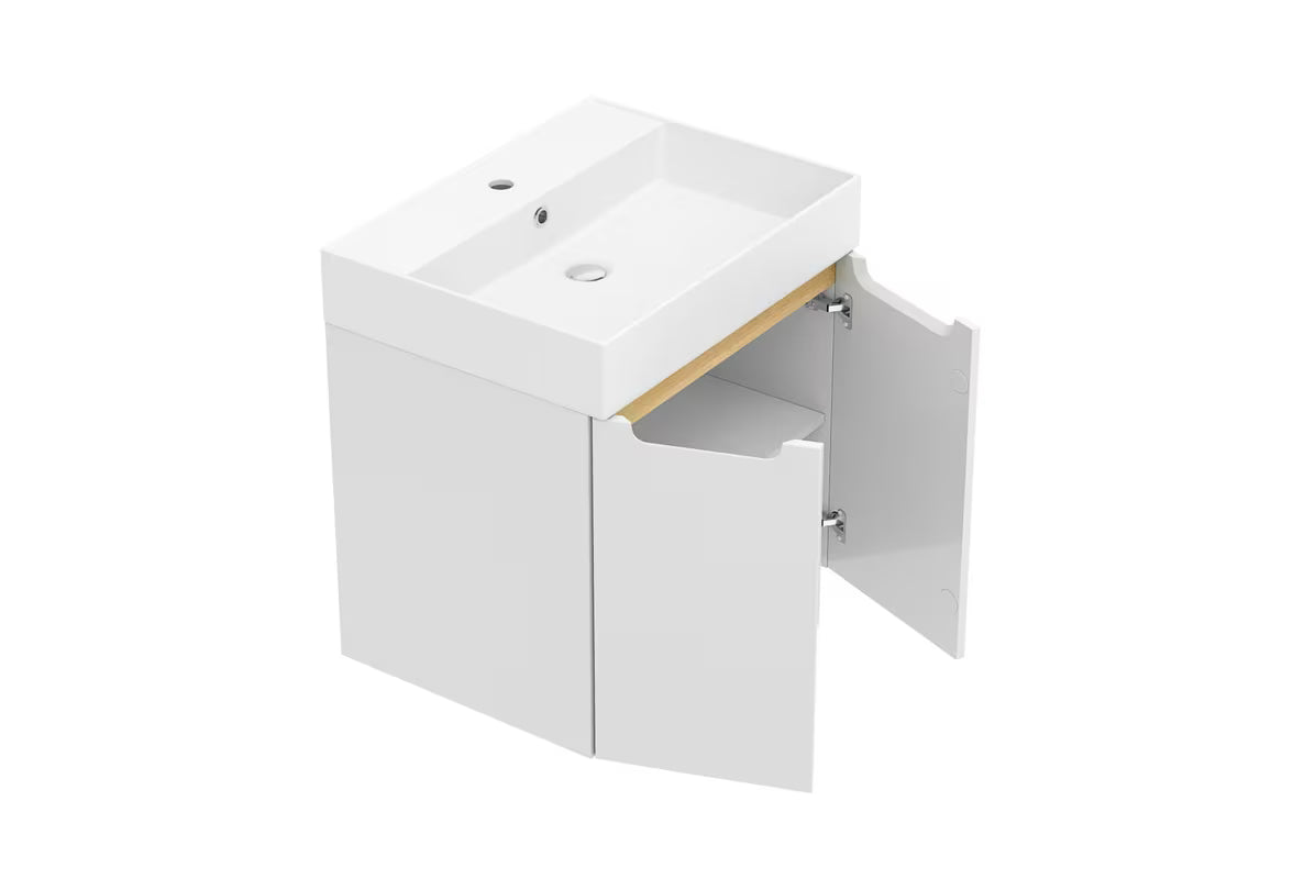 Bijeli viseča ormarić za umivaonik Naturel Stilla s keramičkim umivaonikom i vratima s mehko Zapiranje Soft Close.