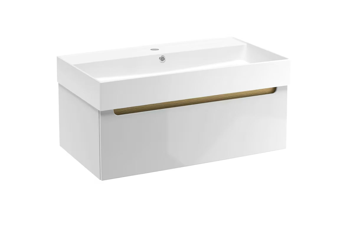 Bijeli viseča kopalniška omarica Naturel Stilla s keramičkim umivaonikom i jednom ladicom