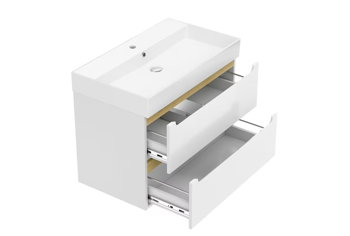 Bijeli viseča kopalniška omarica Naturel Stilla s dvije ladice i keramičkim umivaonikom