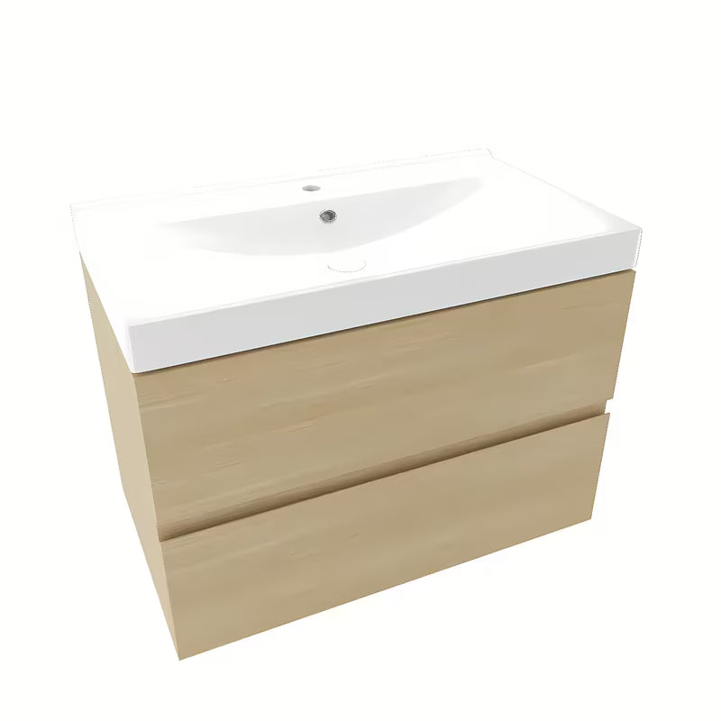 Viseča kopalniška omarica Naturel Verona s ladicama i keramičkim umivaonikom u dekoru svijetlog drva